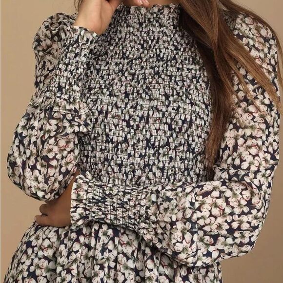 NWOT LuLu’s  Navy Blue Floral Print Smocked Skater Dress (size small) - Picture 3 of 9